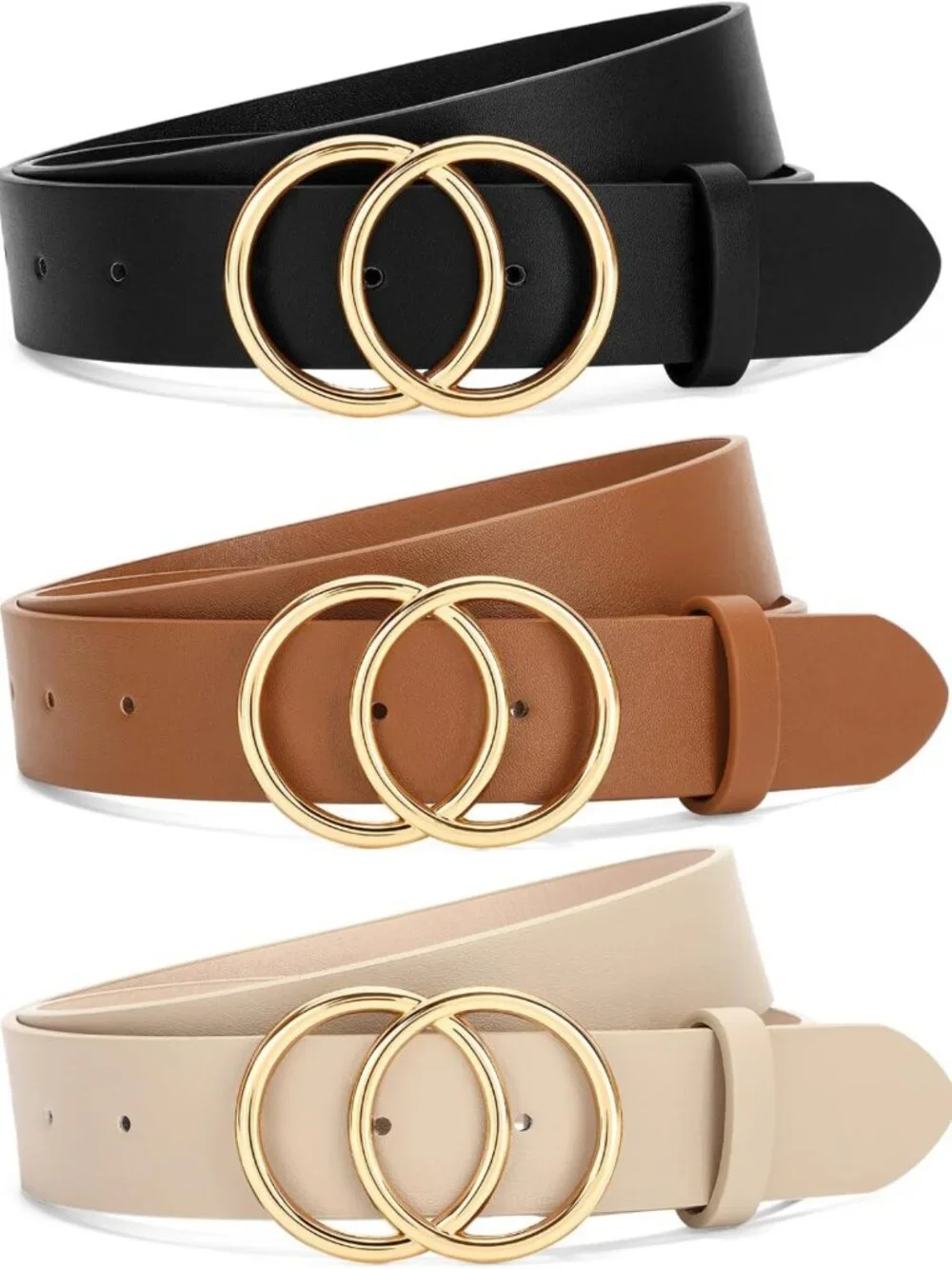 3 Pack Women's Waist Belts - Stylish Double O-Ring Gold Buckle for Jeans